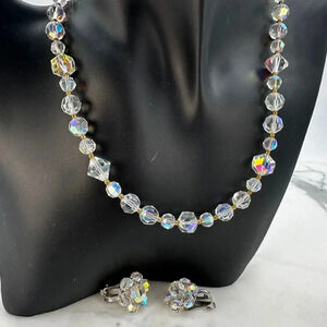 Vintage Crystal Aurora Borealis Necklace  Matching Clip On Earrings Set …
